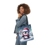 Christmas Candy Cane Penguin Shoulder Tote Bag