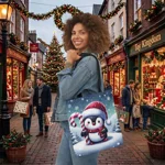 Christmas Candy Cane Penguin Shoulder Tote Bag