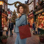 Christmas Dark Red Plaid Tartan Pattern Shoulder Tote Bag
