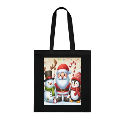 Christmas Santa Claus With Friends Snowman And Penguin Cotton Shopping Tote Bag