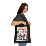 Christmas Santa Claus With Friends Snowman And Penguin Cotton Shopping Tote Bag