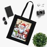 Christmas Santa Claus With Friends Snowman And Penguin Cotton Shopping Tote Bag