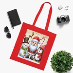 Christmas Santa Claus With Friends Snowman And Penguin Cotton Shopping Tote Bag