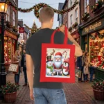 Christmas Santa Claus With Friends Snowman And Penguin Cotton Shopping Tote Bag