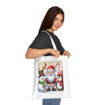 Christmas Santa Claus With Friends Snowman And Penguin Cotton Shopping Tote Bag