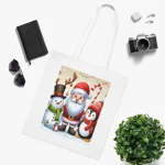 Christmas Santa Claus With Friends Snowman And Penguin Cotton Shopping Tote Bag