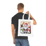 Christmas Santa Claus With Friends Snowman And Penguin Cotton Shopping Tote Bag