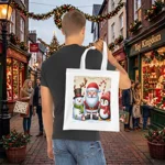 Christmas Santa Claus With Friends Snowman And Penguin Cotton Shopping Tote Bag