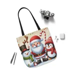 Christmas Santa Claus With Friends Snowman And Penguin Shoulder Tote Bag