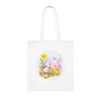 Cute Easter Duckling Chick and Spring Flowers Cotton Shopping Tote Bag