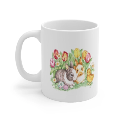 Easter Bunnies, Duckling and Tulips Coffee Mug