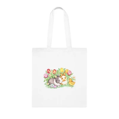Easter Bunnies, Duckling and Tulips Cotton Shopping Tote Bag