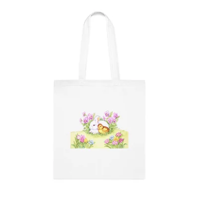 Easter Bunny, Duckling and Flowers Cotton Shopping Tote Bag