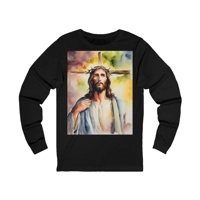 Jesus Christ Cross Watercolour Portrait Painting Long Sleeve T-Shirt