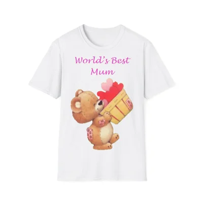 World's Best Mum Teddy And A Basket Of Hearts Cotton T-Shirt