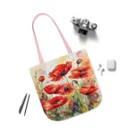 Poppy Red Large Watercolour Flowers Shoulder Tote Bag