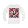 Rainbow Stripe Love Heart And Pink Roses Long Sleeve T-Shirt