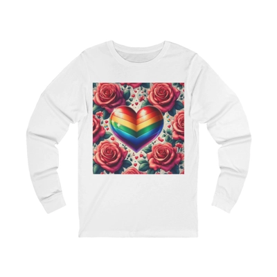 Rainbow Stripe Love Heart And Pink Roses Long Sleeve T-Shirt Rainbow Stripe Love Heart And Pink Roses Long Sleeve T-Shirt