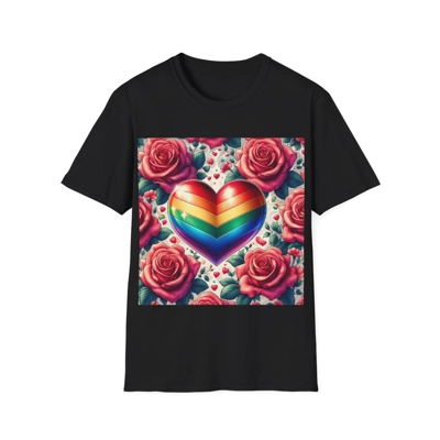 Rainbow Stripe Love Heart And Pink Roses T-Shirt