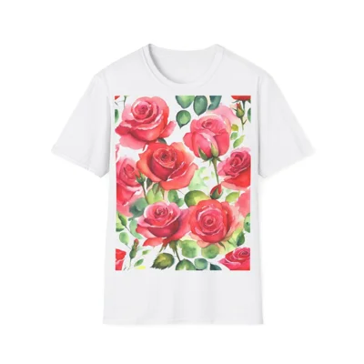 Roses Pink Large Dark Flowers Watercolour Pattern T-Shirt