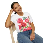 Roses Pink Large Dark Flowers Watercolour Pattern T-Shirt