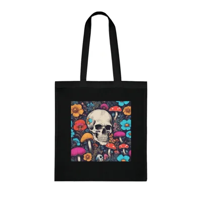 Skull With Magic Toadstools And Flowers Cotton Shopping Tote Bag