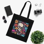 Skull With Magic Toadstools And Flowers Cotton Shopping Tote Bag