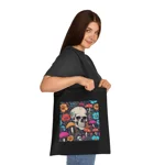 Skull With Magic Toadstools And Flowers Cotton Shopping Tote Bag