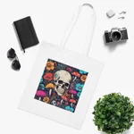 Skull With Magic Toadstools And Flowers Cotton Shopping Tote Bag