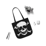 White Skull and Crossbones Distressed Black Shoulder Tote Bag