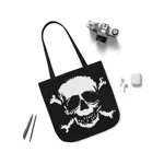 White Skull and Crossbones Distressed Black Shoulder Tote Bag
