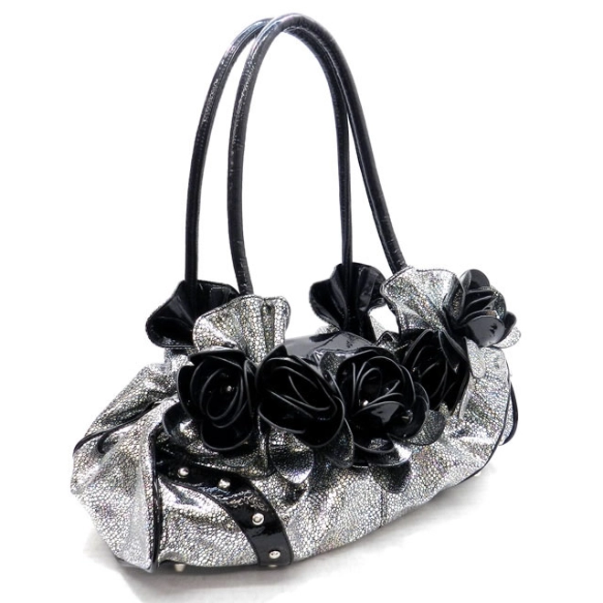 Additional Image for New Faux Leather Handbag With Roses Silver