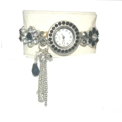 Silver And Black Watch With Stones And Chain