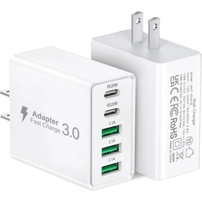 [2-Pack] USB C Wall Charger, 50W 5-Port PD Fast USB C Charging Block,2USB C+3USB A Multiport Plug