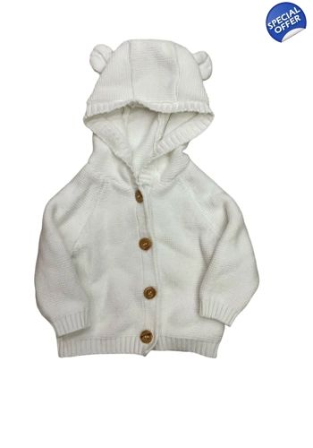Mothercare white unisex cotton knitted hooded cardigan with ears 1-3 months