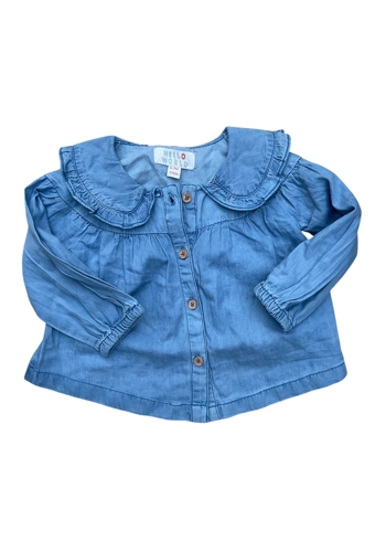 Hello World blue denim collared blouse 6-9 months vgc