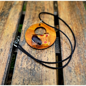 Bohemian necklace with a Zen figure made of wood and fused..