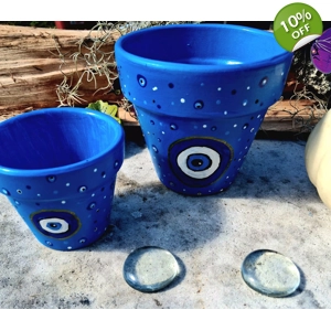 Hand-Painted Turkish Eye Terracotta Pots – Set of 2 | Colorful Decorative Planters