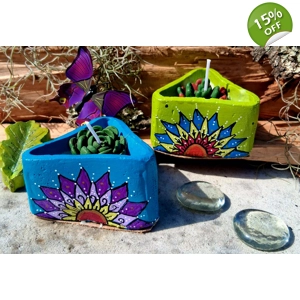Handmade Mandala Triangle Candle Holder with Succulent Candle – Vibrant Boho Decor
