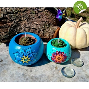 Handmade Round Mandala Candle Holder with Succulent Candle – Boho Home Decor