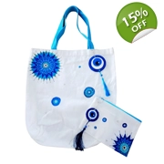 Handmade Turkish Eye Tote Bag + Matching Pouch – Blue Mandala Design