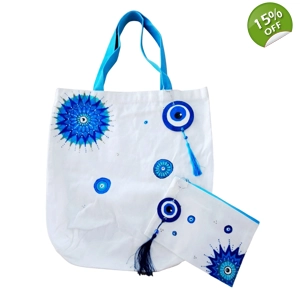 Handmade Turkish Eye Tote Bag + Matching Pouch – Blue Mandala Design