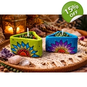 Handmade Mandala Triangle Candle Holder with Succulent Candle – Vibrant Boho Decor