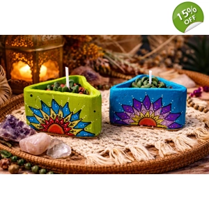 Handmade Mandala Triangle Candle Holder with Succulent Candle – Vibrant Boho Decor