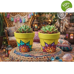 Hand-Painted Mandala Terracotta Pots – Set of 2 | Colorful Decorative Planters