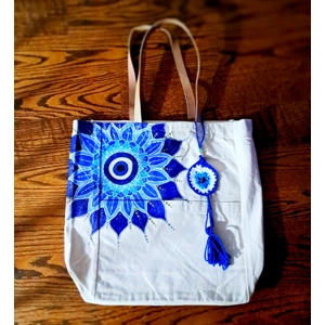 Blue Evil Eye Mandala Tote Bag Hand painted