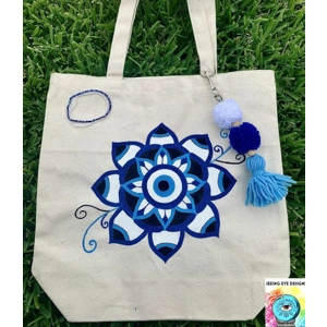 Blue Evil Eye Mandala Tote Bag Hand painted