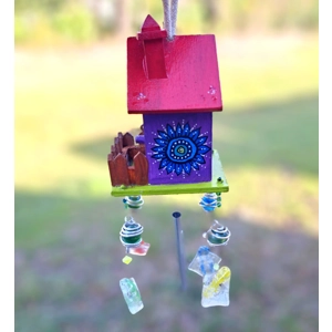wind chime fused glass bird house