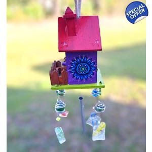wind chime fused glass bird house