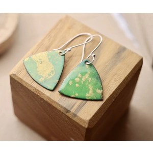 Green & gold curved triangle enamelled earrings